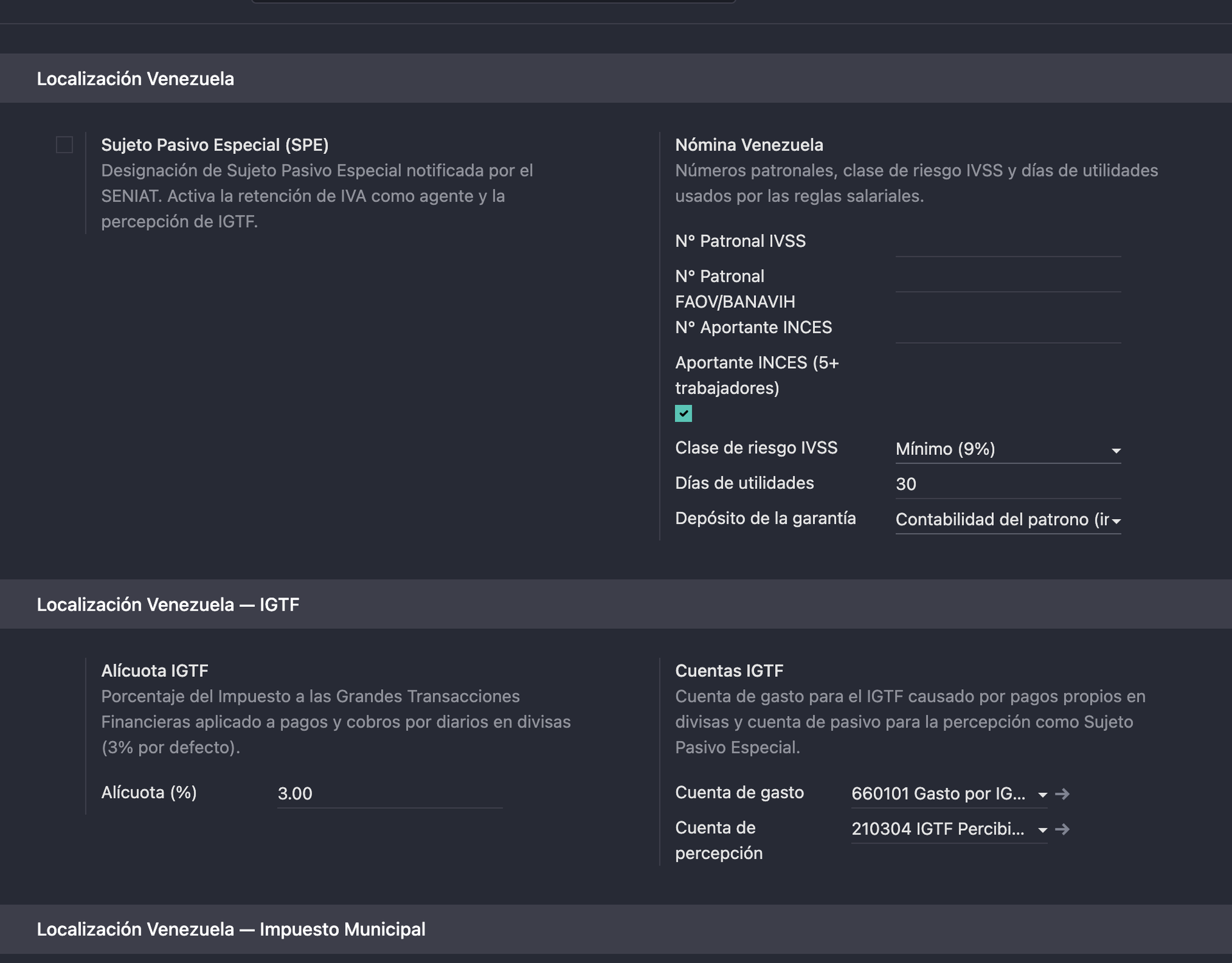 Venezuela section in Odoo settings with the Special Taxpayer flag, payroll employer numbers and IGTF configuration