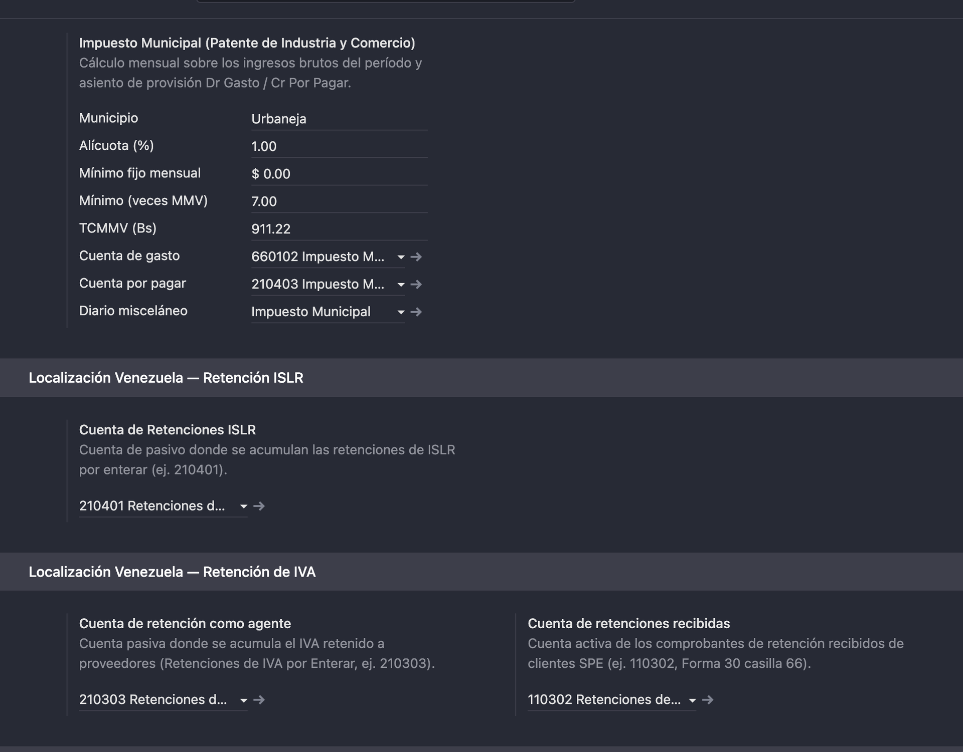 Municipal business tax and VAT and income tax withholding accounts in Odoo settings