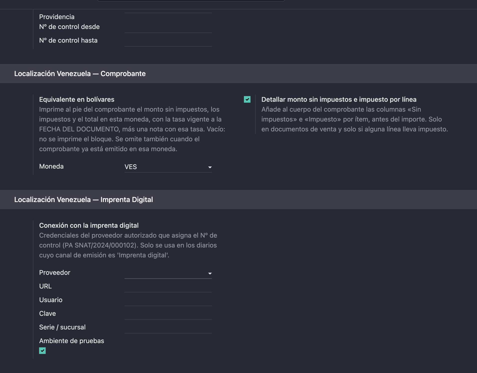 Invoice form settings for the bolivar equivalent and the digital printer connection
