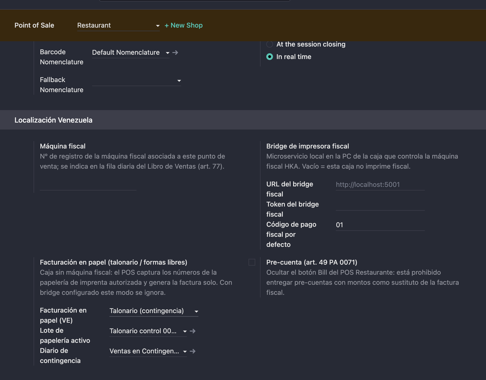 Point of Sale settings for the Venezuelan fiscal printer bridge and paper invoicing contingency
