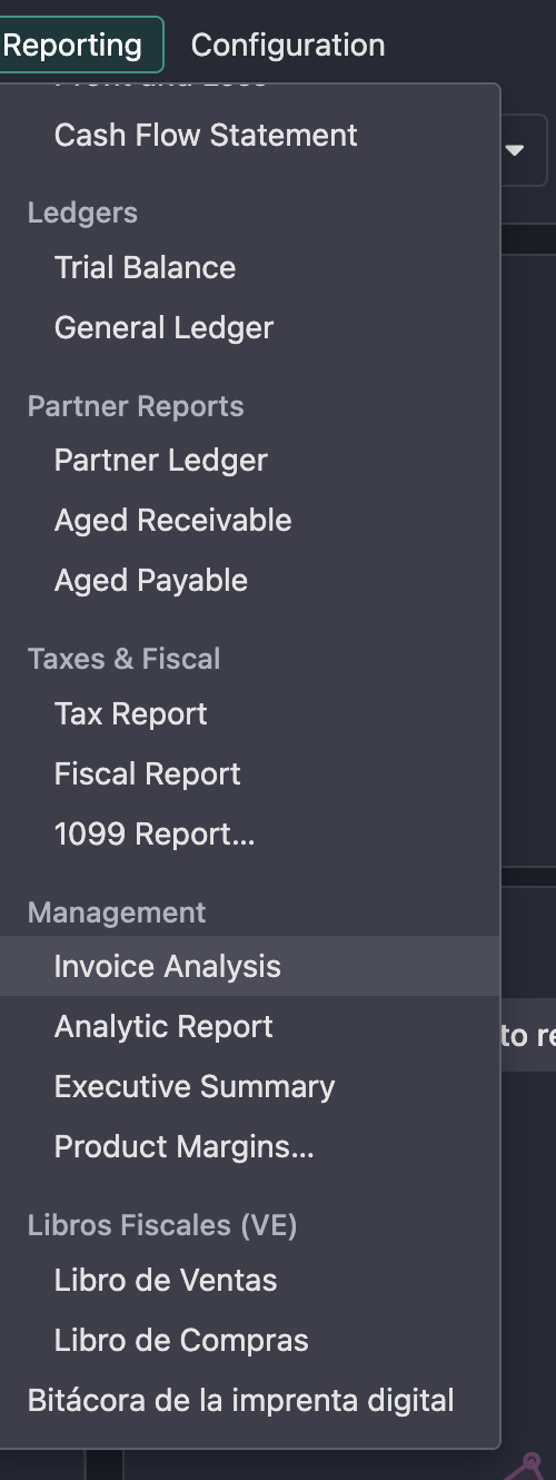 Odoo reporting menu showing the Venezuelan sales and purchase fiscal books and the digital printer log