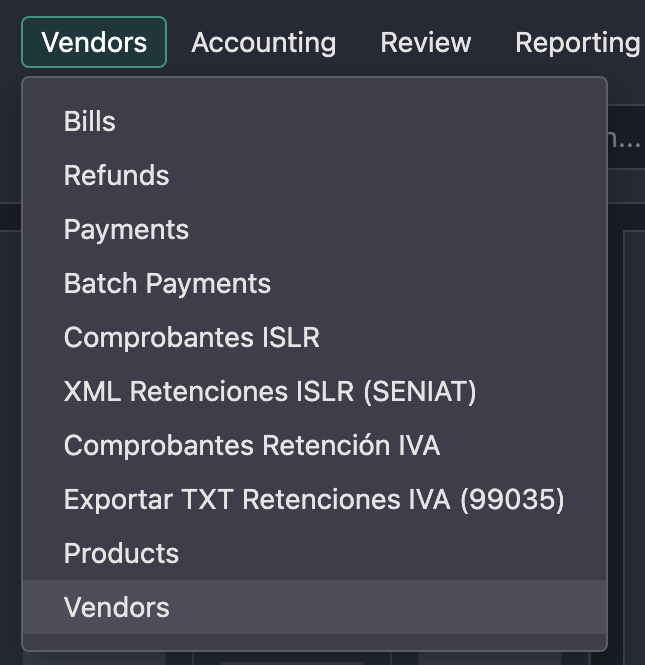 Odoo vendors menu with Venezuelan withholding vouchers and the SENIAT XML and 99035 TXT exports